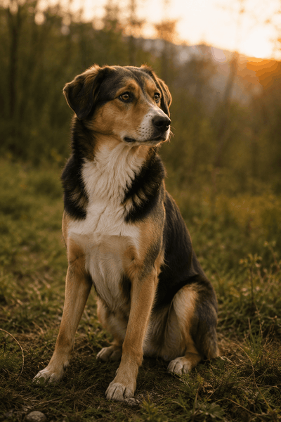 Chien assis en extérieur, regard attentif, lumière douce