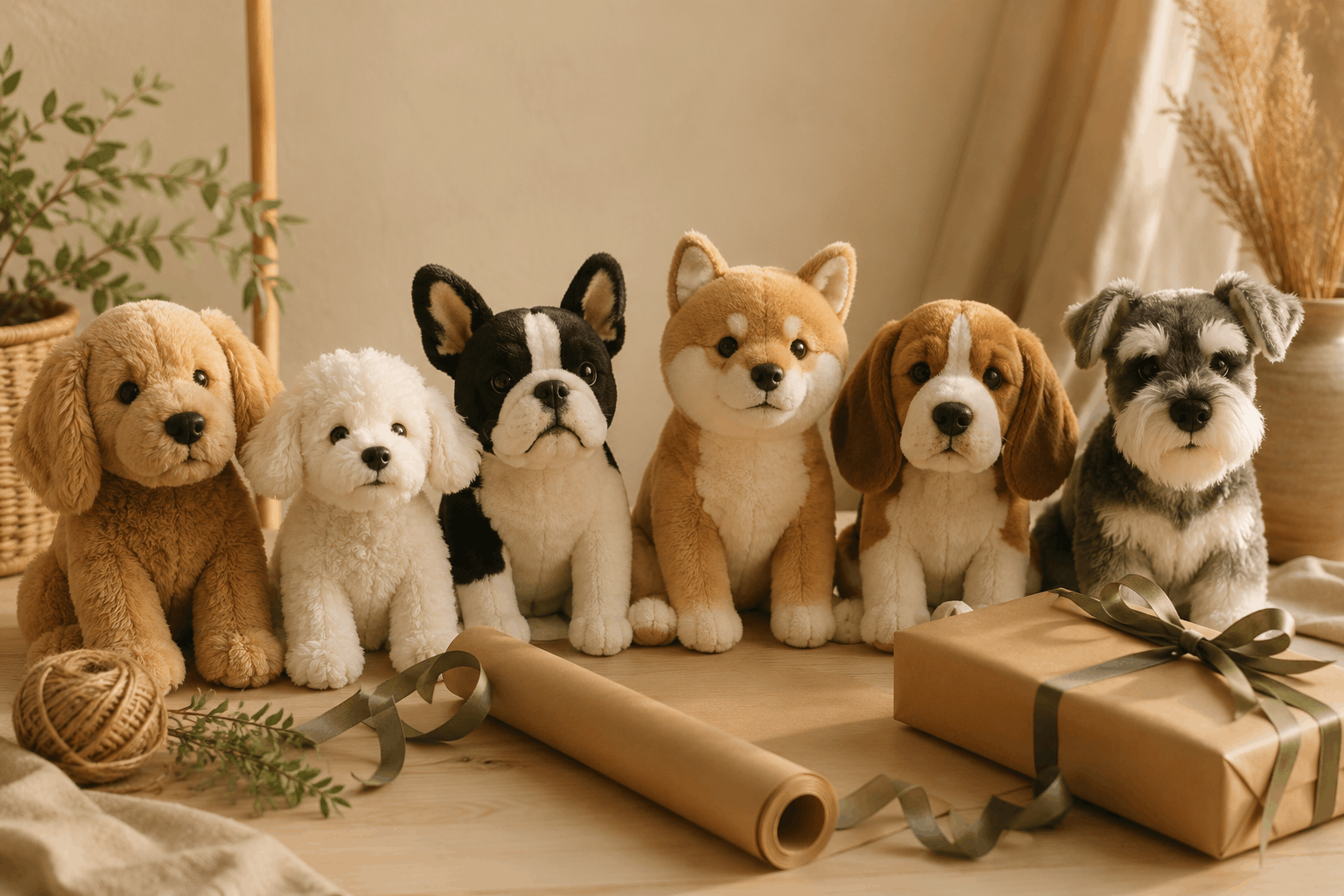 Chiens en peluche de différentes races préparés pour offrir en cadeau