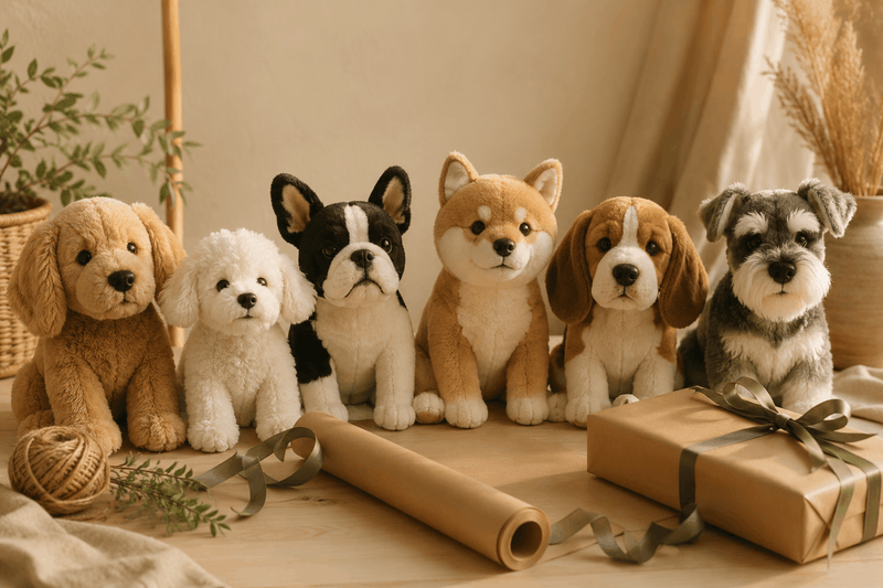 Chiens en peluche de différentes races préparés pour offrir en cadeau