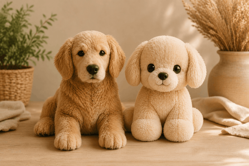 Comparaison entre une peluche chien réaliste et une peluche chien toute douce