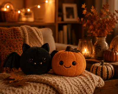 Décoration d'Halloween douce et peluches arrondies dans un salon chaleureux d'octobre