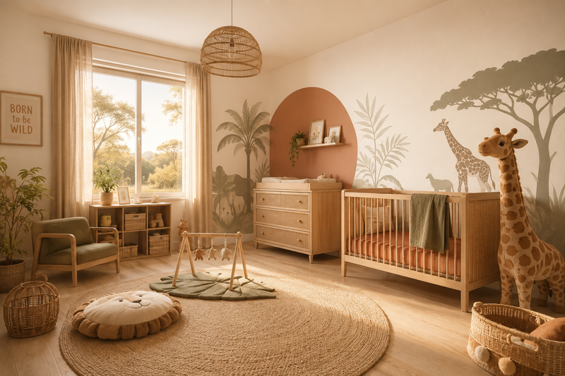 Chambre bébé savane lumineuse avec grande peluche girafe dans un angle, palette terracotta, beige et bois naturel