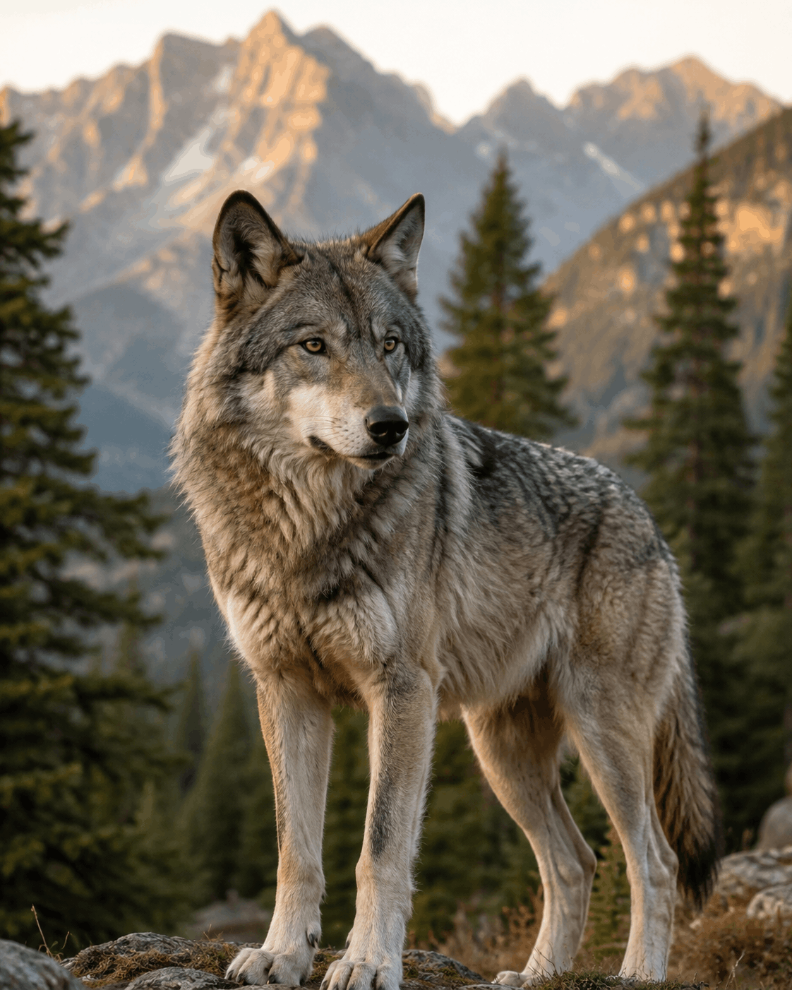 Loup gris dans un paysage naturel, posture attentive
