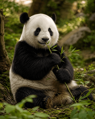 Panda assis tenant une tige de bambou, pelage noir et blanc caractéristique
