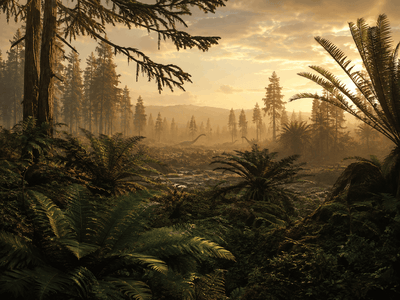 Paysage préhistorique du Crétacé avec silhouettes de dinosaures en arrière-plan