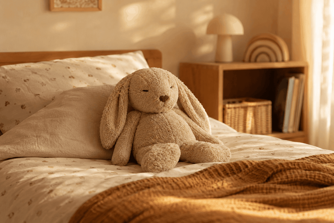  Peluche lestée posée sur un lit d'enfant dans une chambre à la lumière douce