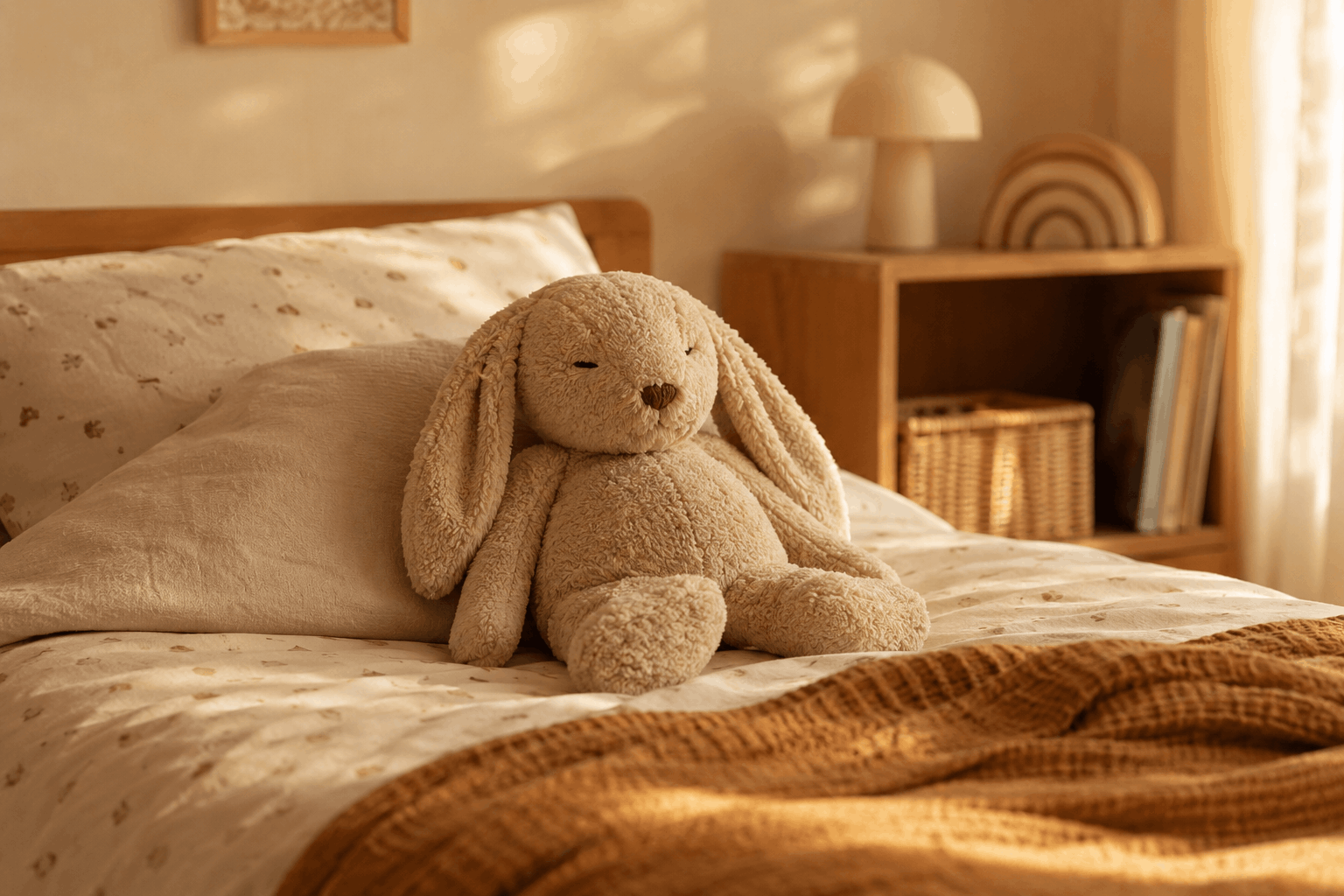  Peluche lestée posée sur un lit d'enfant dans une chambre à la lumière douce