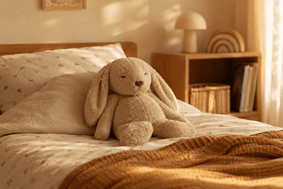  Peluche lestée posée sur un lit d'enfant dans une chambre à la lumière douce