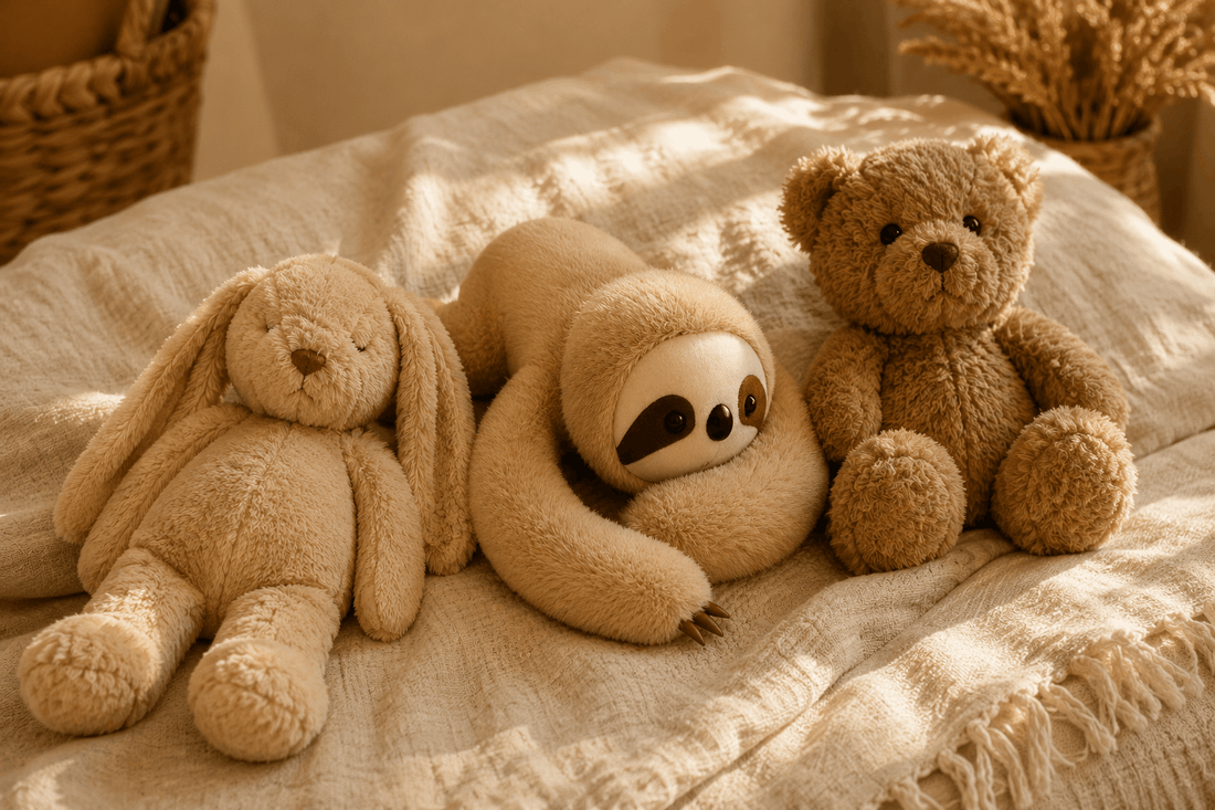  Trois peluches anti-stress pour adulte posées sur un plaid dans une lumière douce
