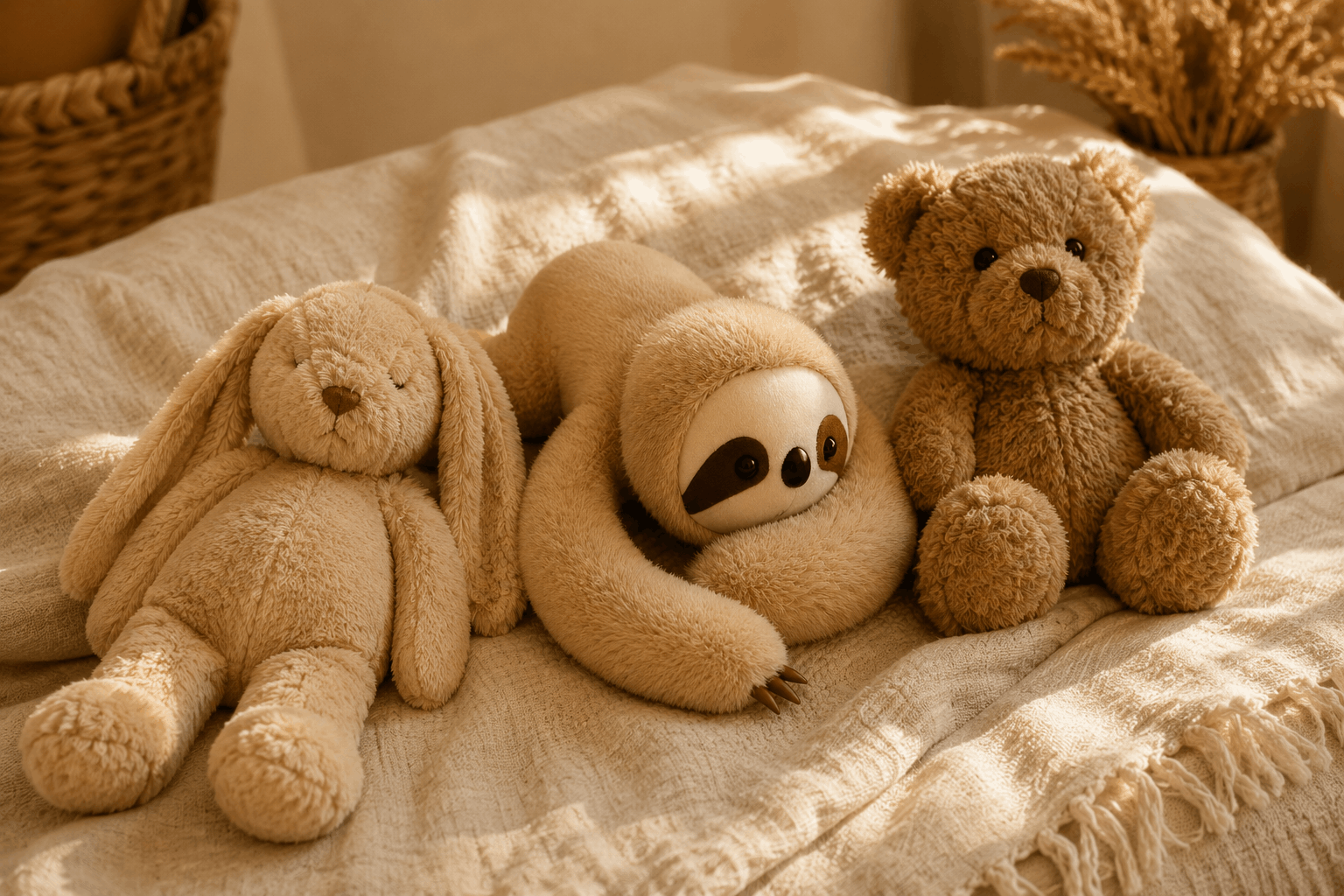  Trois peluches anti-stress pour adulte posées sur un plaid dans une lumière douce