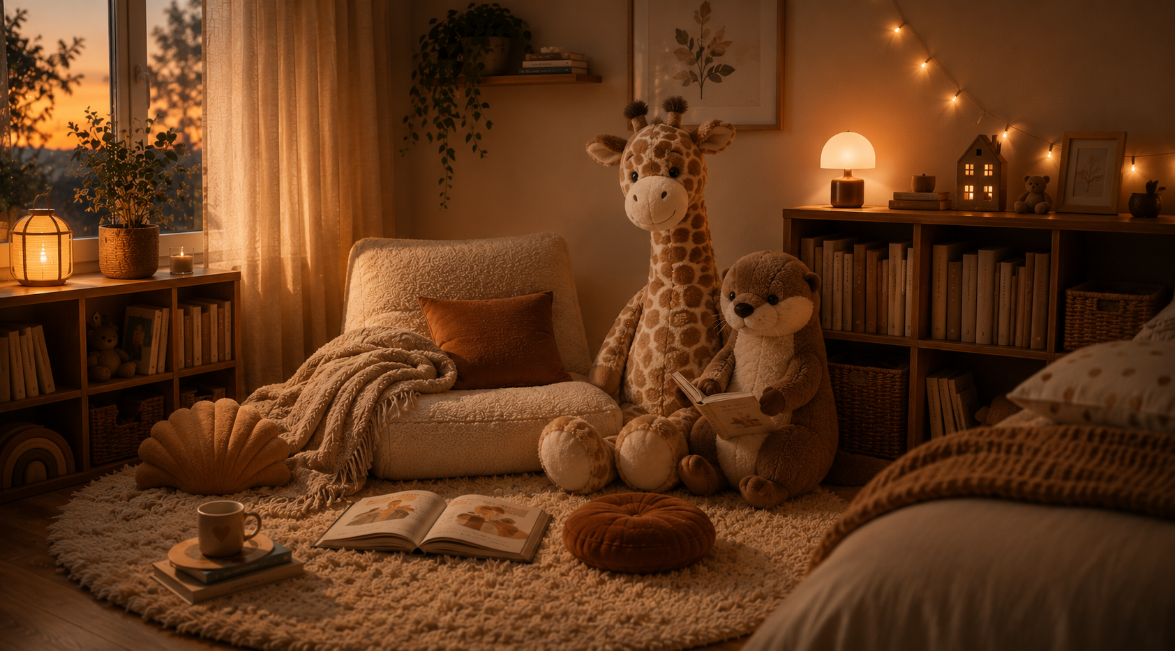  Coin lecture cocooning d'enfant avec une grande peluche posée près d'un fauteuil et d'une étagère à livres