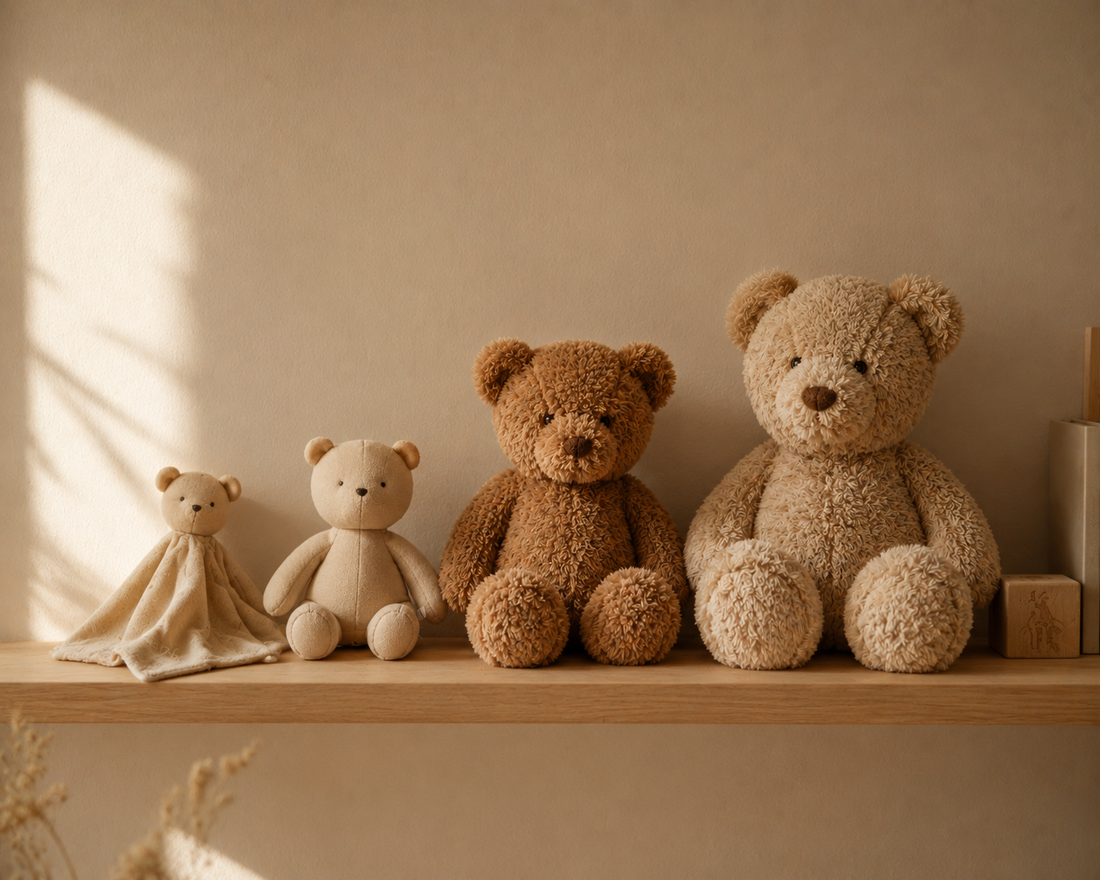  Plusieurs peluches et doudous de tailles variées disposés sur une étagère claire, illustrant le choix selon l'âge.