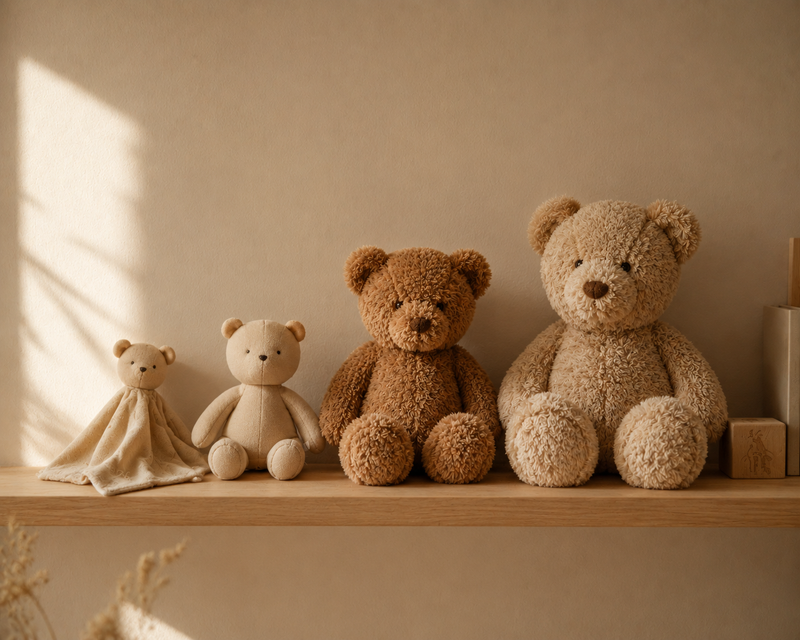  Plusieurs peluches et doudous de tailles variées disposés sur une étagère claire, illustrant le choix selon l'âge.