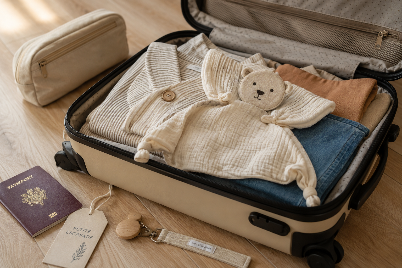  Petite valise cabine ouverte contenant un doudou textile compact, ambiance départ en voyage. Pelucheanimaux.fr