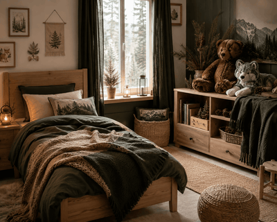 Coin de chambre enfant sur le thème forêt et montagne avec un ours et un loup en peluche posés sur une étagère en bois