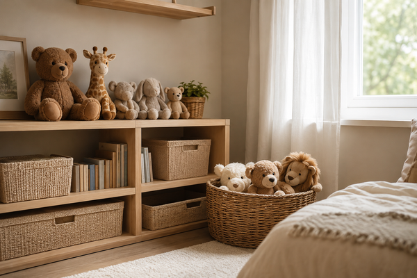 Chambre rangée avec étagère et panier accueillant plusieurs peluches d'animaux