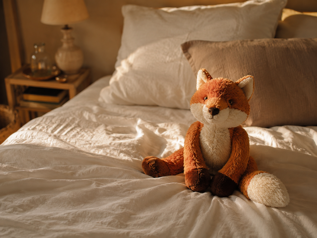 peluche posée sur lit d'adulte, lumière dorée apaisante du soir