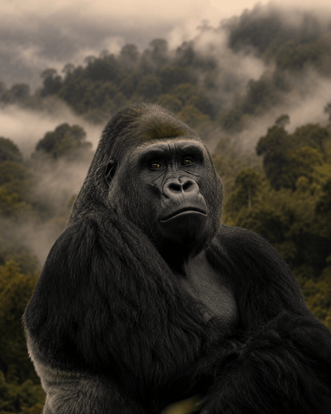 Gorille dos argenté au regard calme dans une forêt de montagne