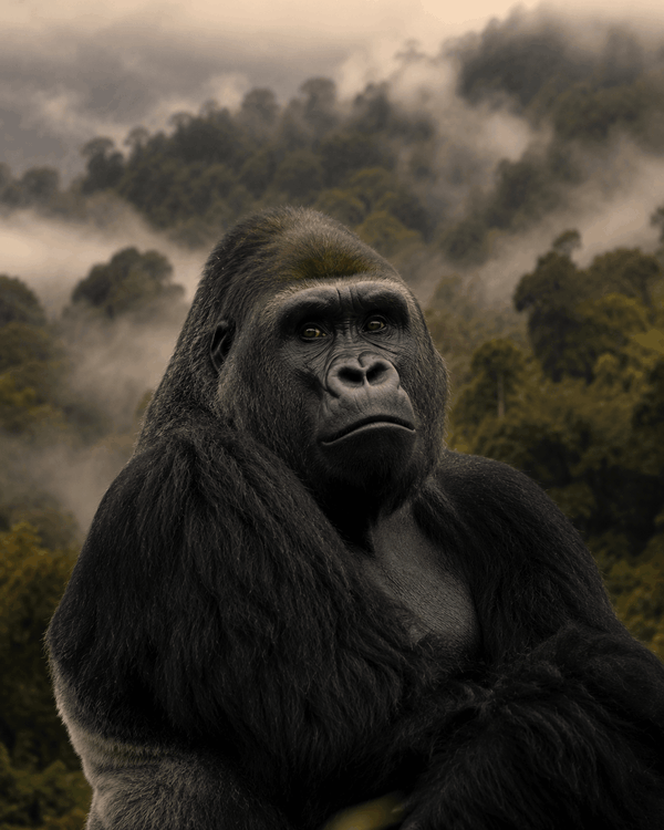 Gorille dos argenté au regard calme dans une forêt de montagne
