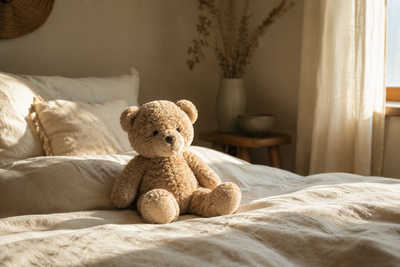 : Peluche ours posée sur une couette en lin clair, ambiance chambre cocooning, lumière douce matinale