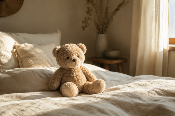 : Peluche ours posée sur une couette en lin clair, ambiance chambre cocooning, lumière douce matinale