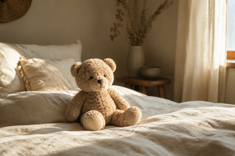 : Peluche ours posée sur une couette en lin clair, ambiance chambre cocooning, lumière douce matinale