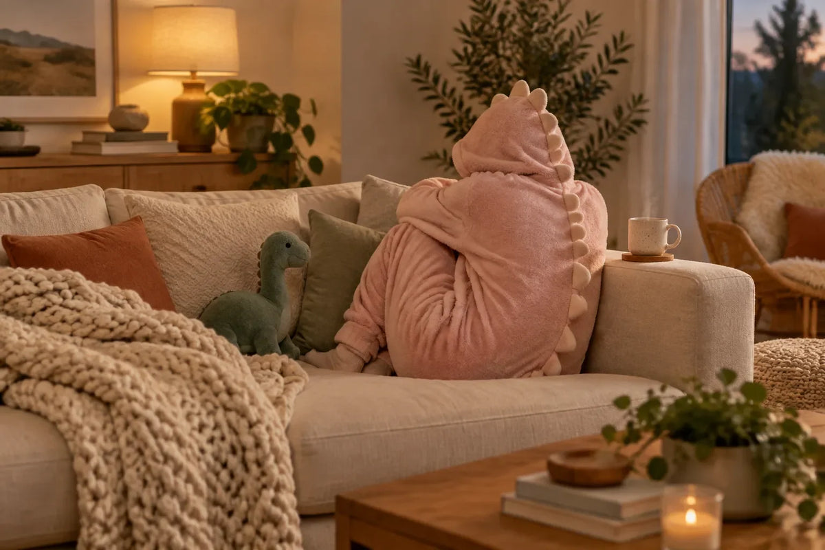 Personne de dos sur un canapé en lin, vêtue d'un kigurumi dinosaure rose capuche relevée, une tasse fumante sur l'accoudoir