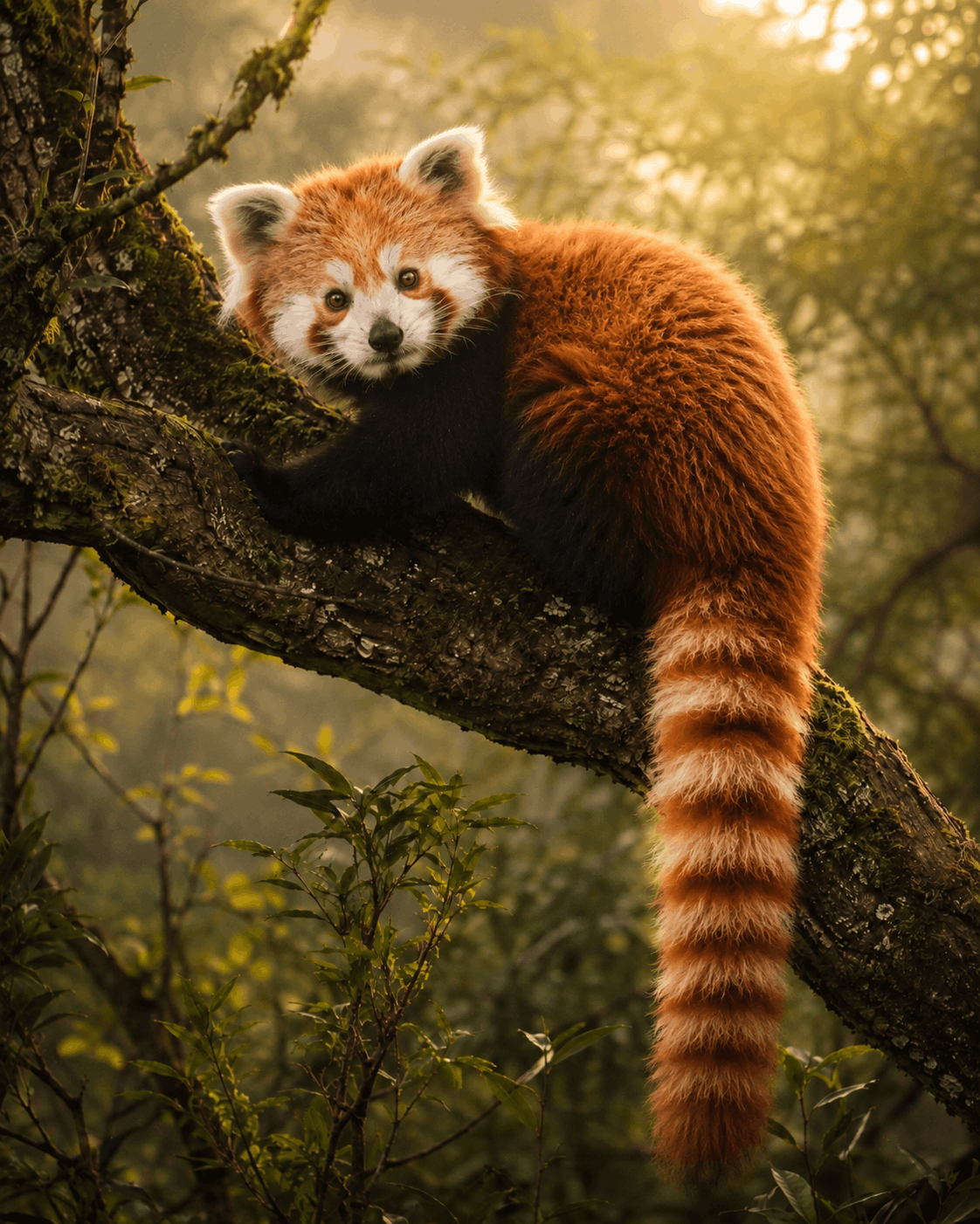 Panda roux perché dans un arbre, pelage roux et queue annelée caractéristiques