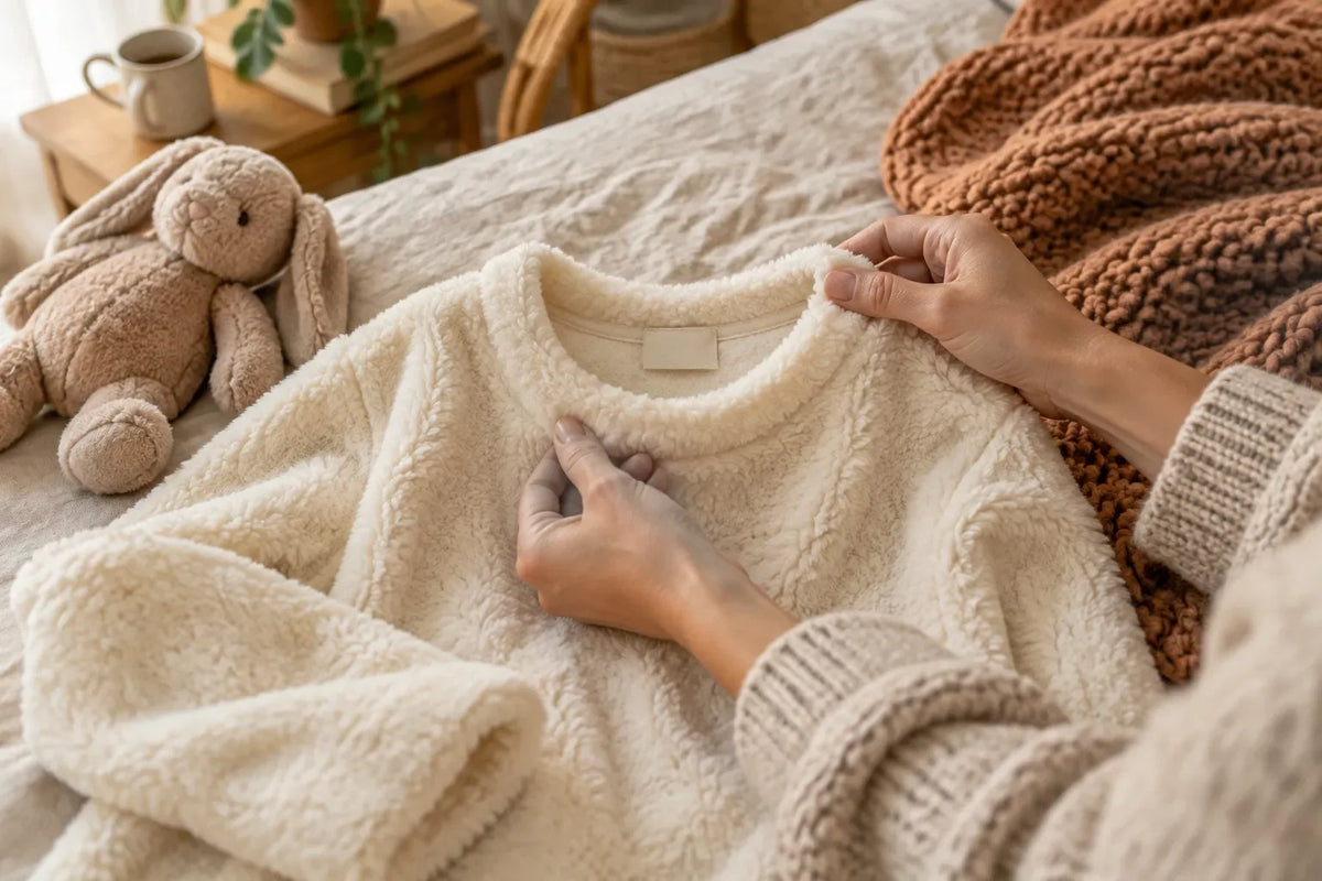 Mains qui retournent le col d'un pyjama crème en matière pilou pilou posé sur un lit, avec une étiquette vierge et un lapin en peluche à côté
