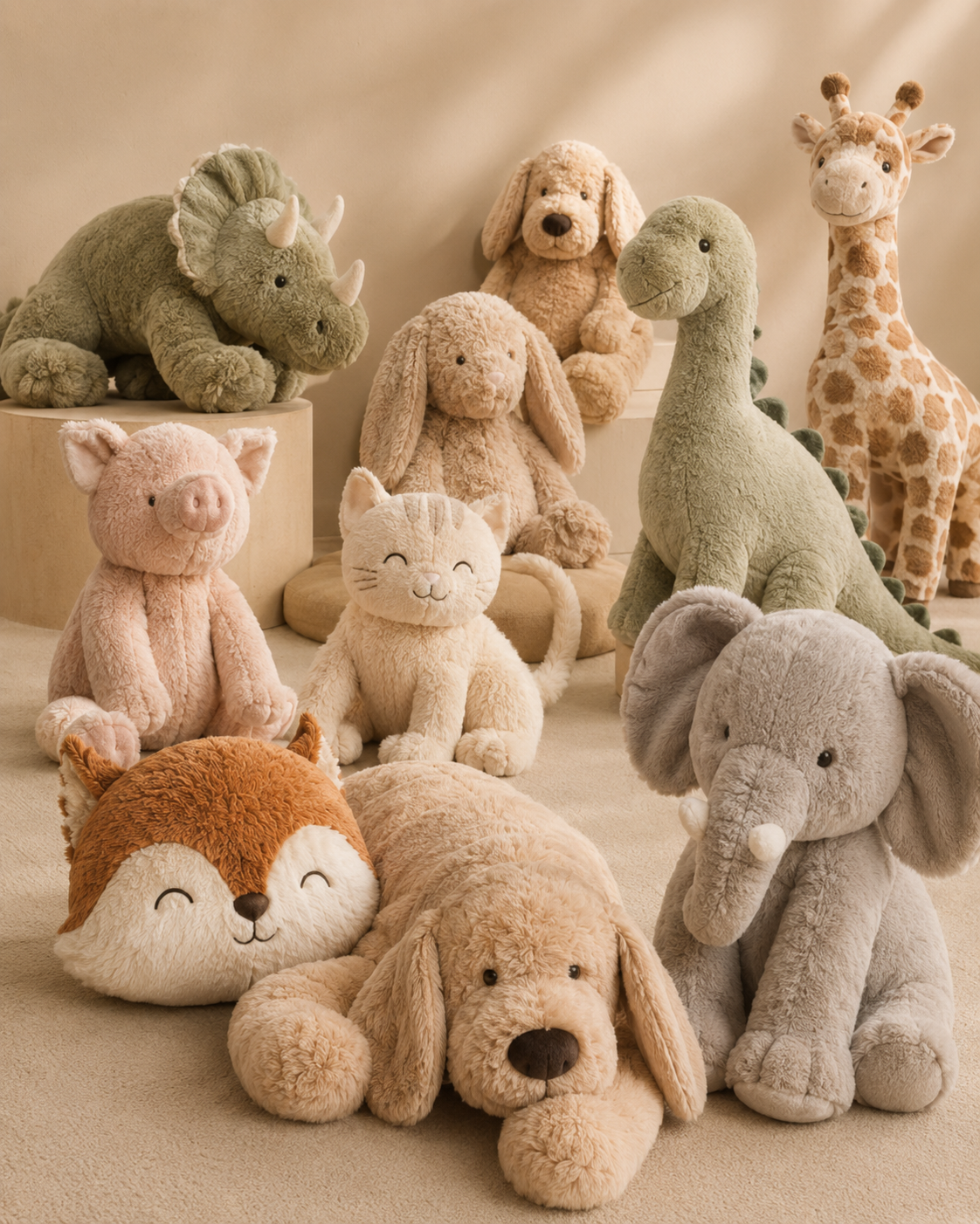 peluche geantes de differents animaux sur fond classique pelucheanimaux.fr