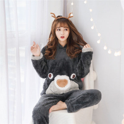 Pyjama pilou pilou motif animal gris à capuche femme