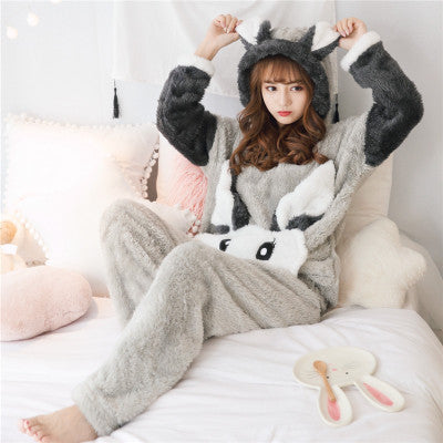 Pyjama hiver motif animal gris à capuche femme