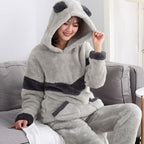 Pyjama chaud motif animal gris clair à capuche femme