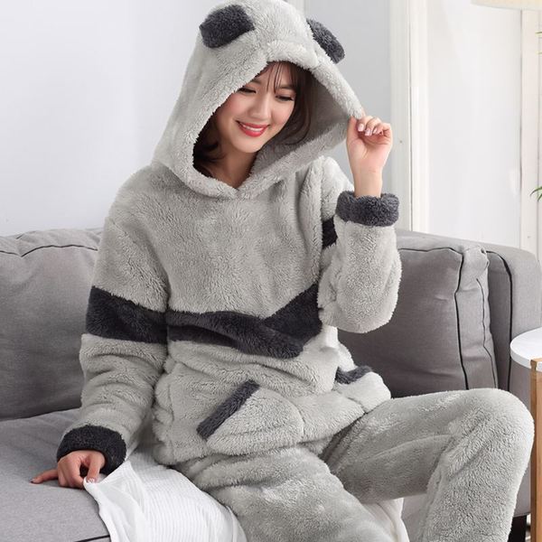 Pyjama chaud motif animal gris clair à capuche femme