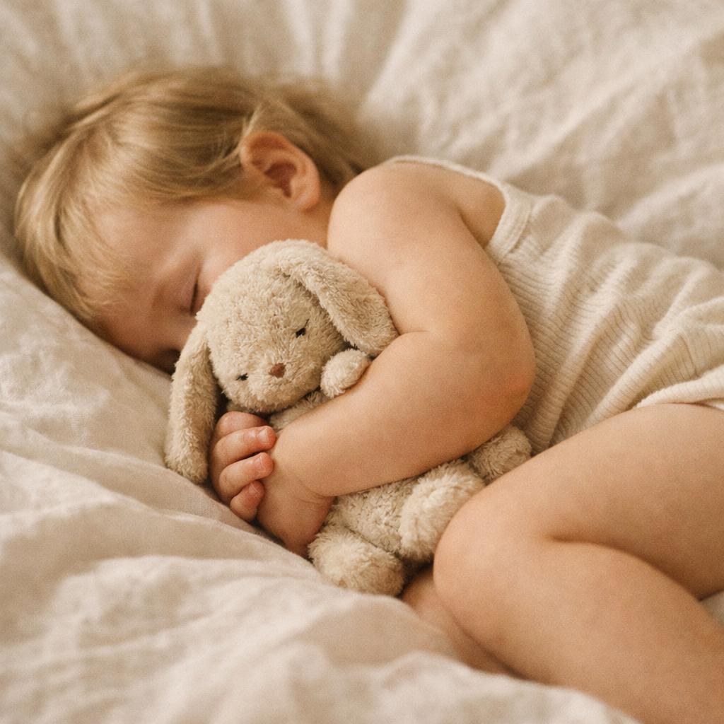 Enfant dormant en serrant une peluche lapin.