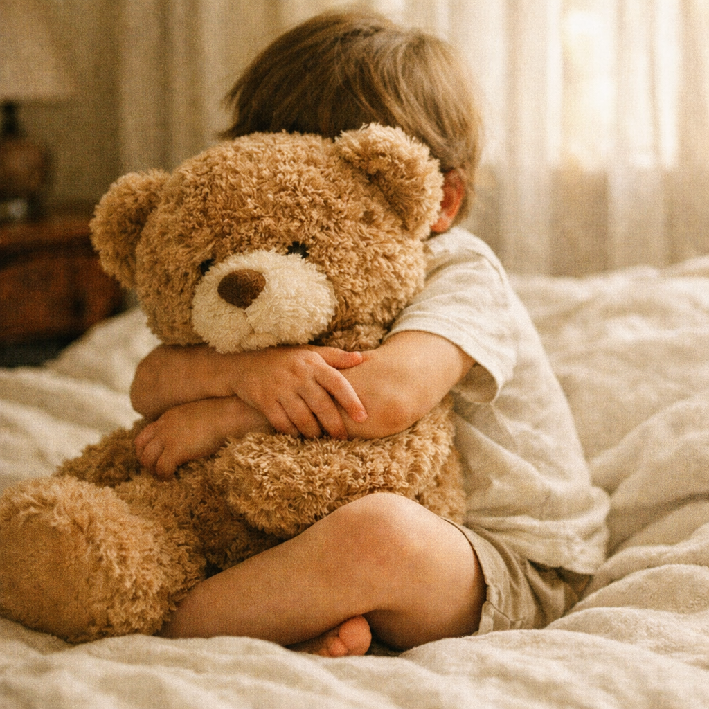 Enfant assis serrant un gros ours en peluche.