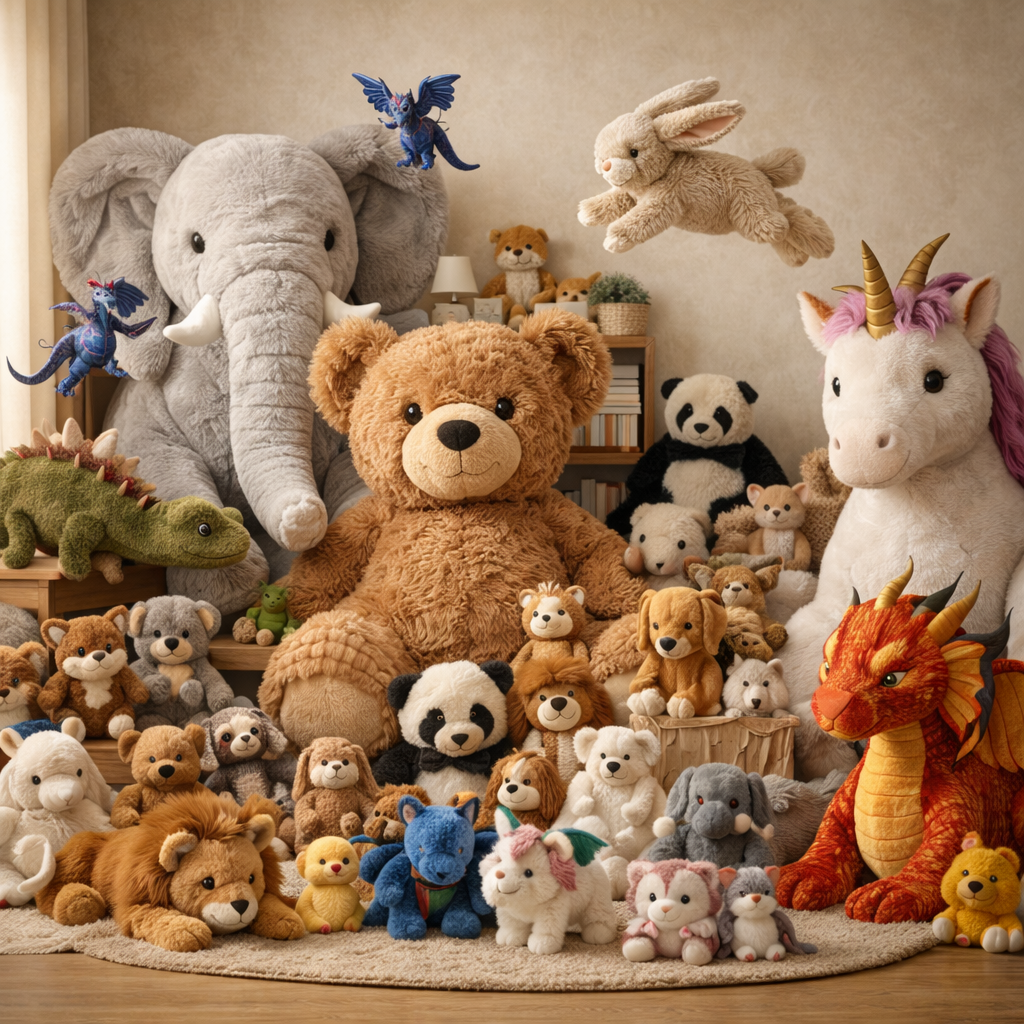 Grande collection de peluches avec ours géant, éléphant et licorne.