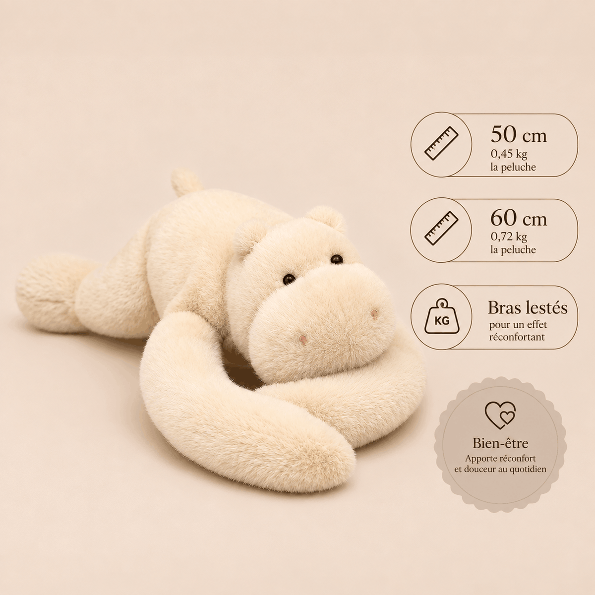 Peluche Hippopotame Blanc Lestée