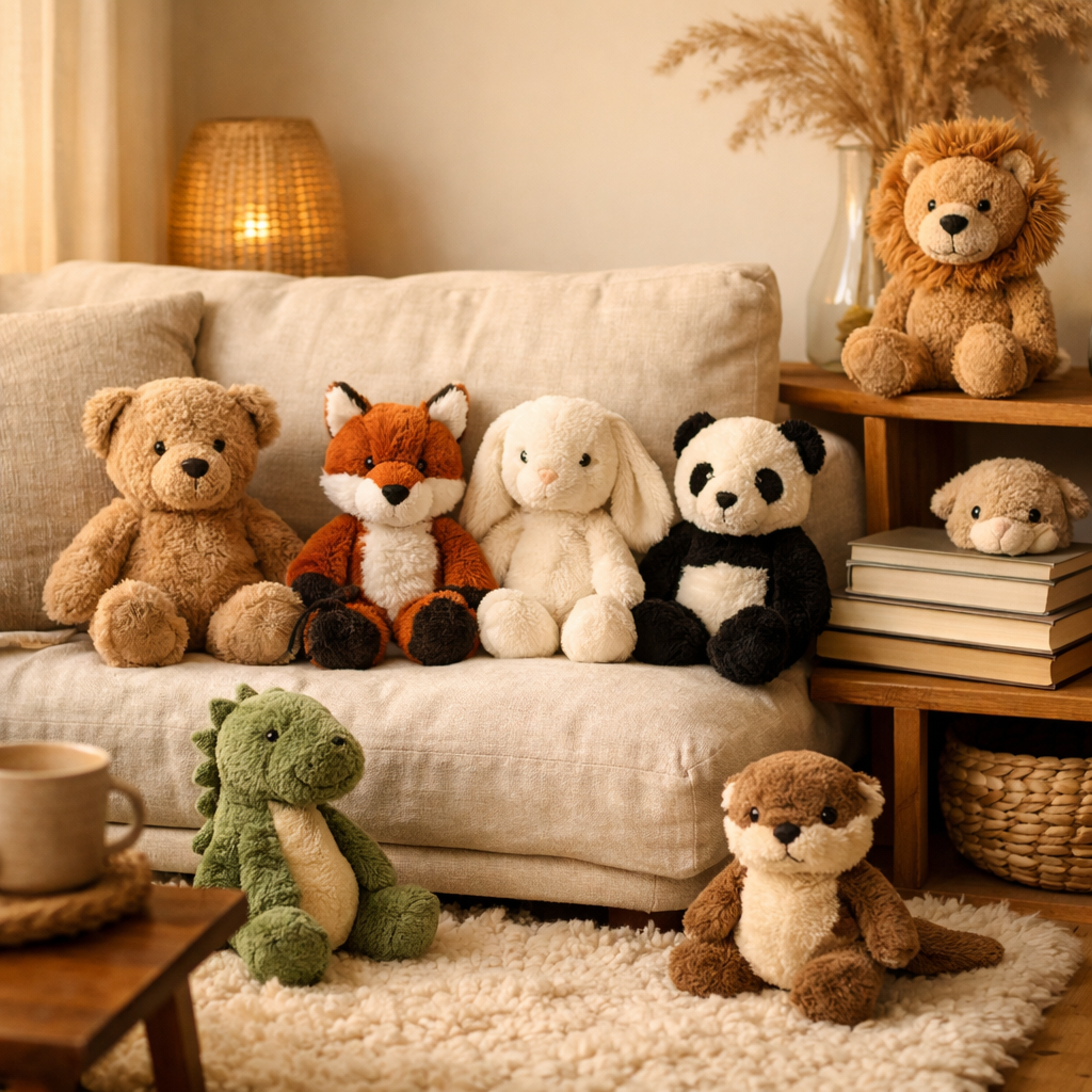 Peluches ours, renard, lapin et panda sur un canapé.