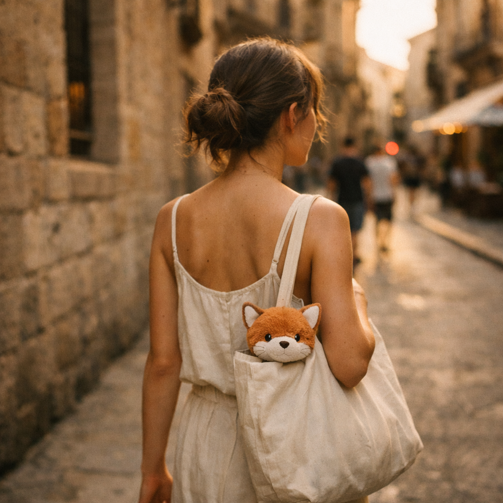 Femme marchant dans une rue avec une peluche renard dans son sac.