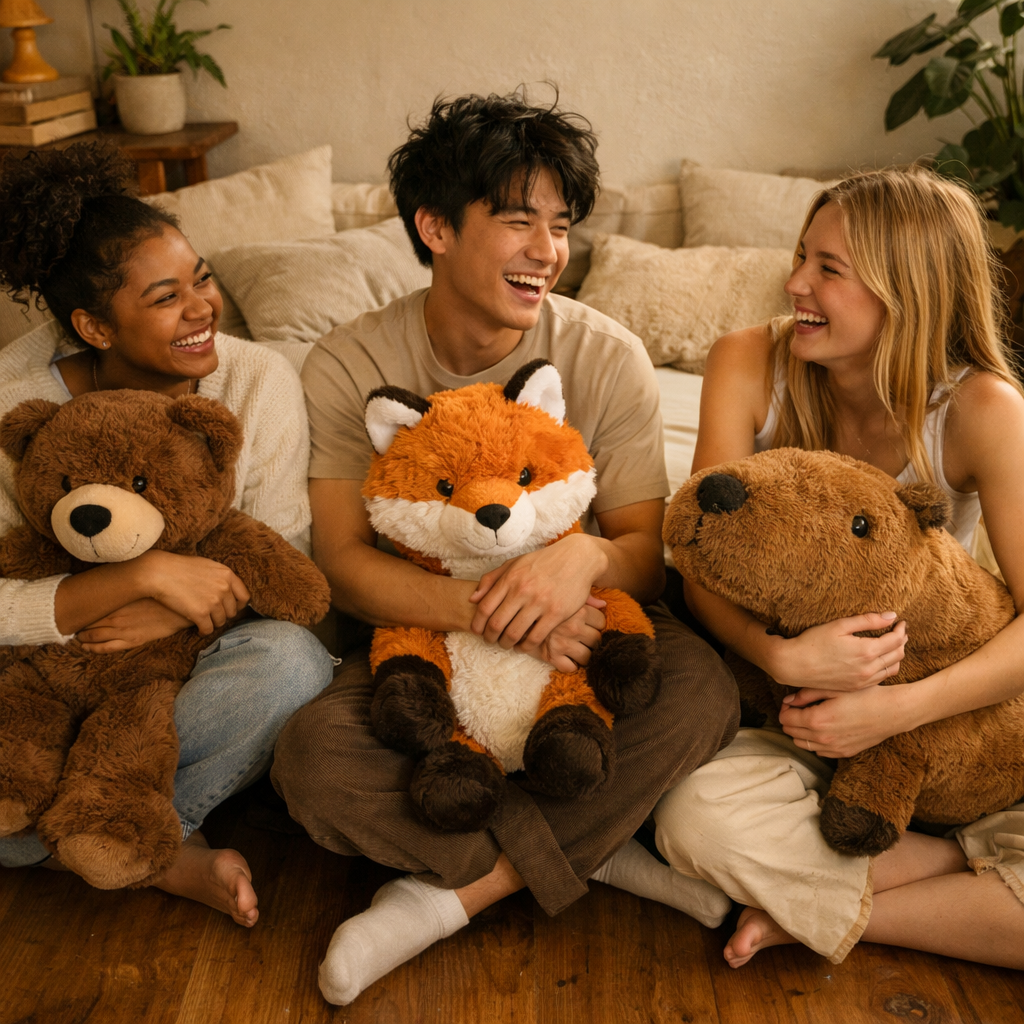 Trois amis riant en tenant des peluches.