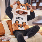 Pyjama hiver ours brun doux à capuche homme