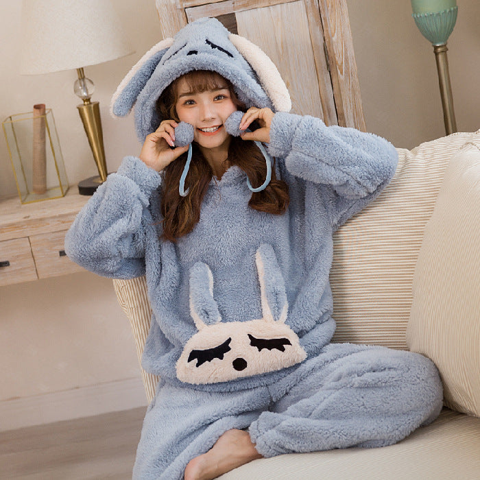 Pyjama chaud bleu à capuche à motif animal adulte