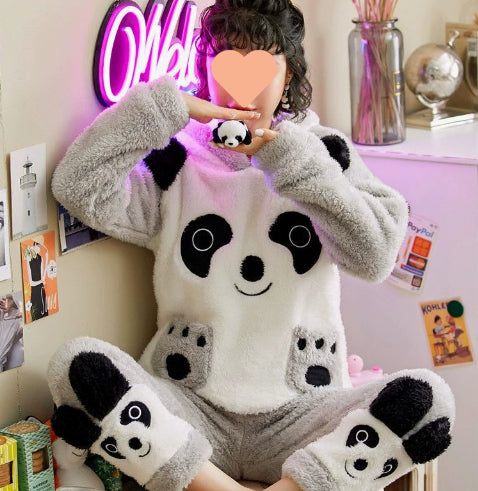 Pyjama chaud panda gris à capuche femme