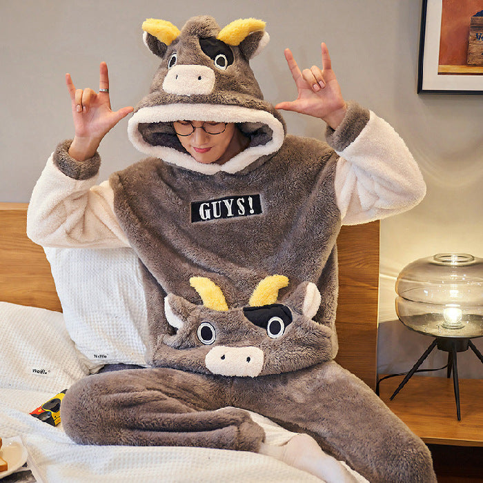 Pyjama chaud vache marron à capuche homme