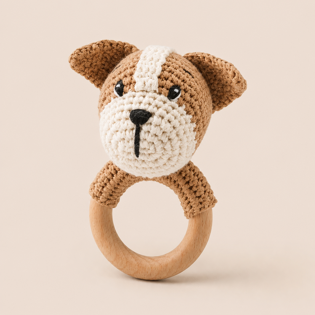 Hochet Chien en Peluche et Bois