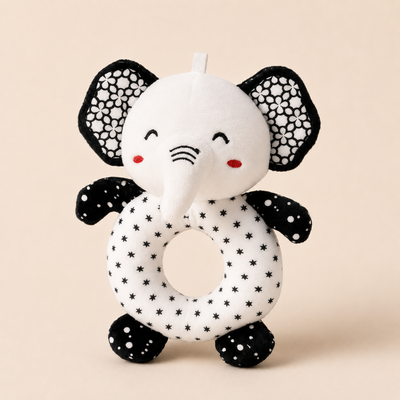Hochet Dentition en Peluche Noir et Blanc - Éléphant