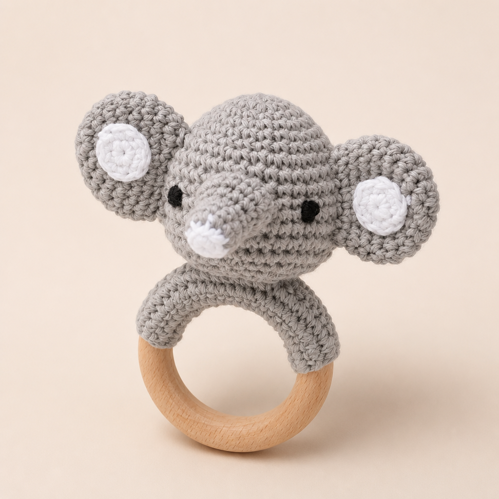 Hochet Éléphant en Peluche et Bois