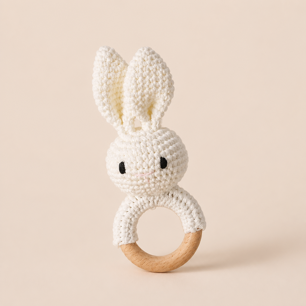Hochet Peluche et Bois Lapin - Multiples Couleurs