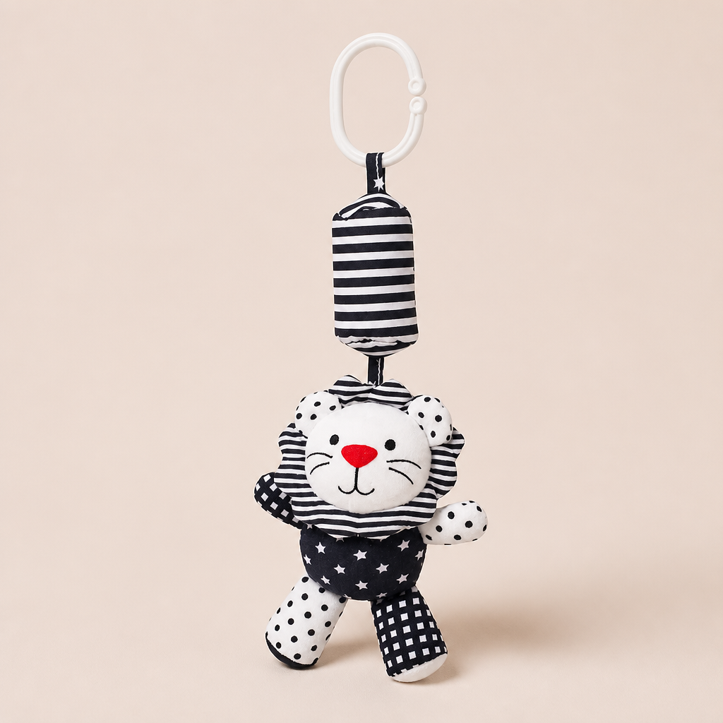 Hochet Suspendue Lion Noir et Blanc en Peluche